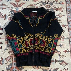 Vintage Cardigan with Multicolor Patterns Y2K ,AZTEC made in Uruguay 100% Wool